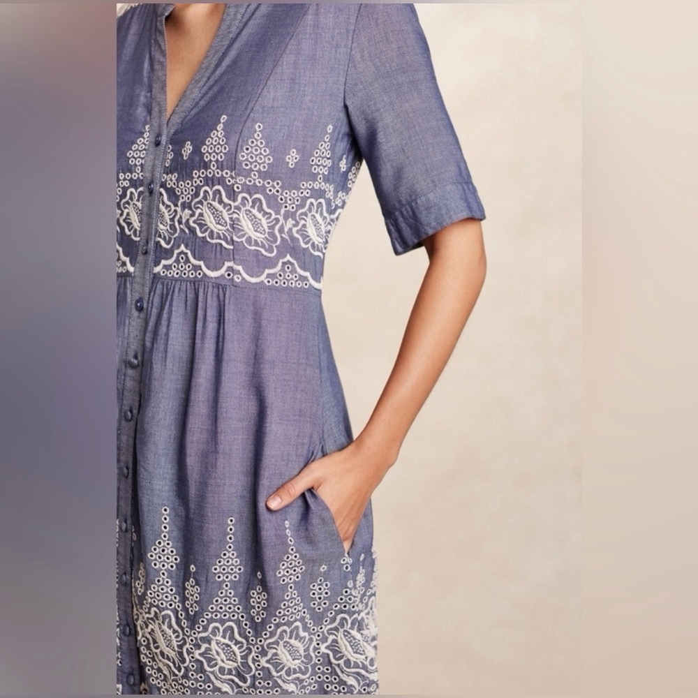 Anthropologie Moulinette Soeurs Denim Embroidered Waters Midi Dress Size 4 NWT - Picture 3 of 16